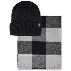 LEVI'S Mens Beanie Hat Plaid Scarf Set Black Gray Gift Set